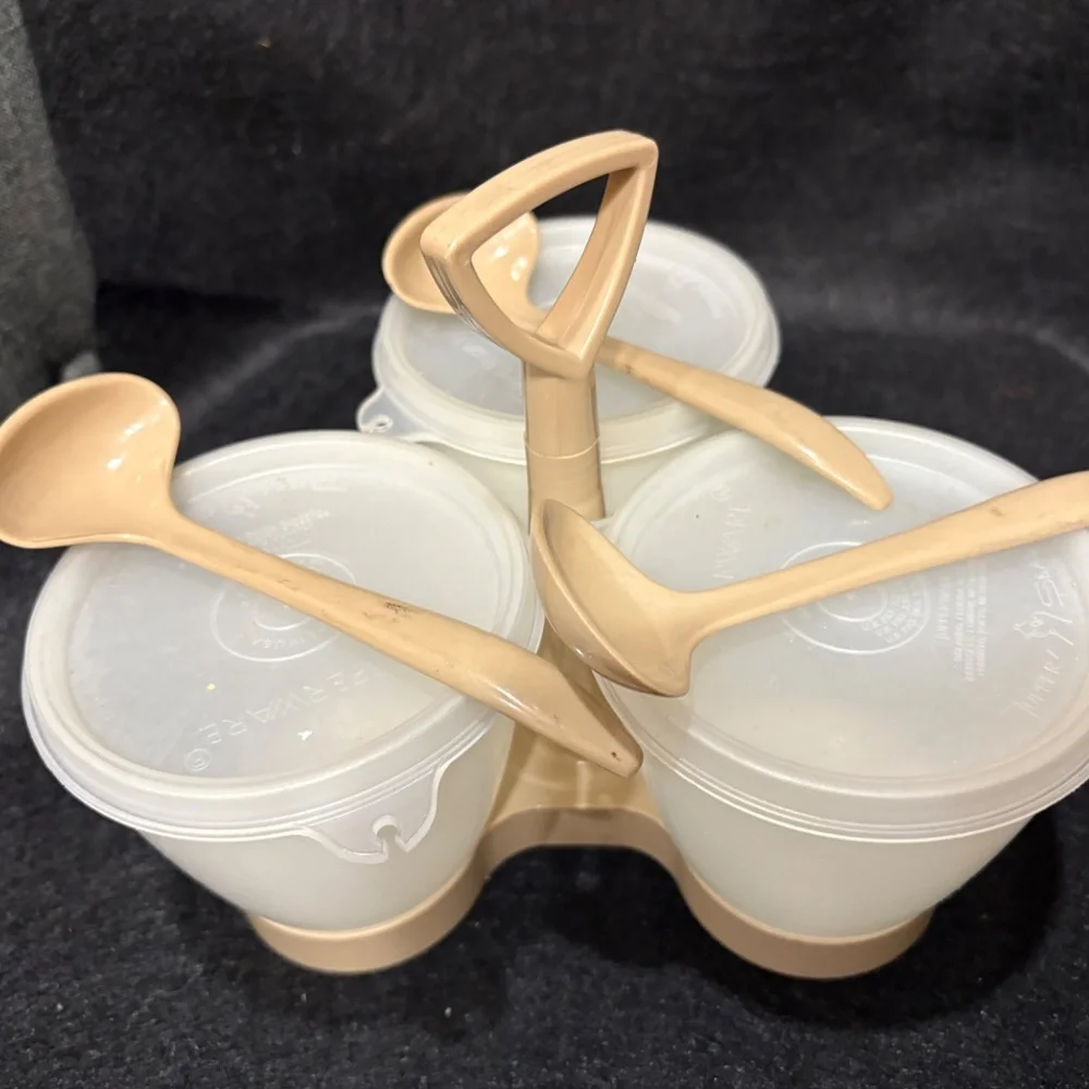 Vintage TUPPERWARE Condiment Caddy  Almond & Clear Lids With Spoons Set